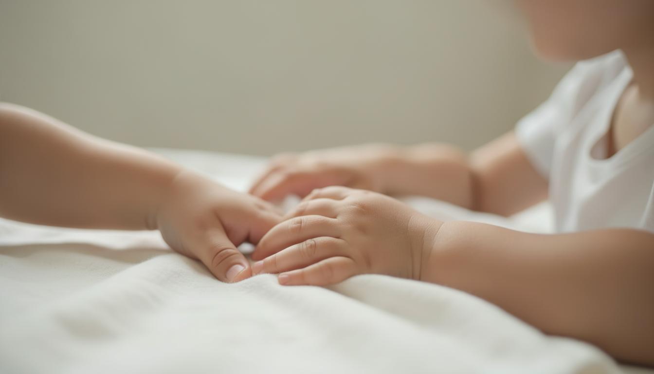 神経多様性のある子どもがサステナブル育児用品のオーガニックコットン布に触れる様子