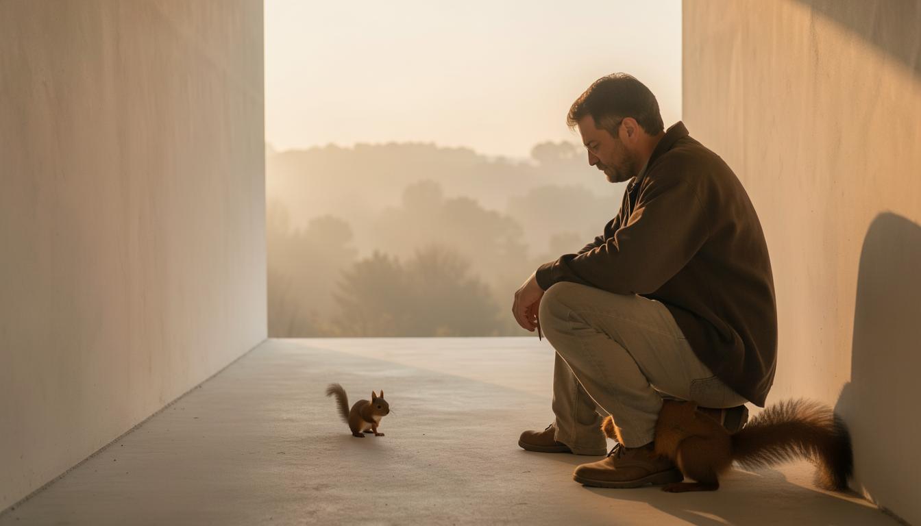 Travailleur posté observant un écureuil roux dans un projet de rewilding nocturne accessible en 2024