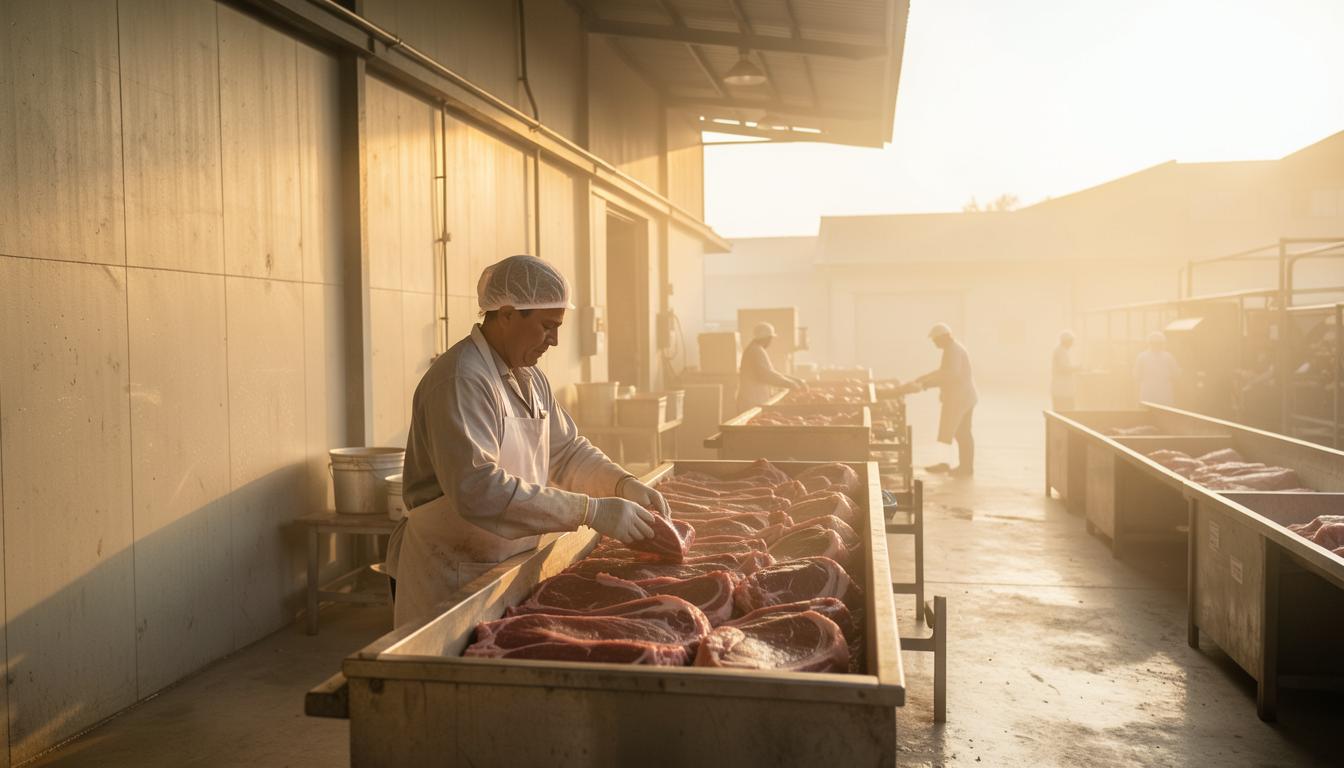 Peternak memeriksa kualitas daging di pabrik pengolahan hewan