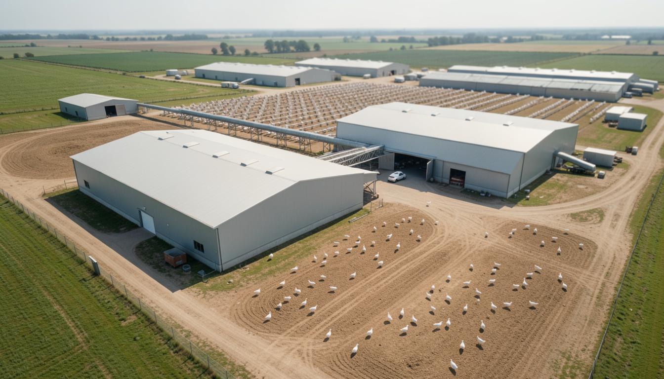 Une vue aérienne d'une ferme avicole industrielle