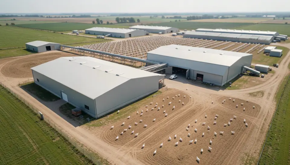 Une vue aérienne d'une ferme avicole industrielle