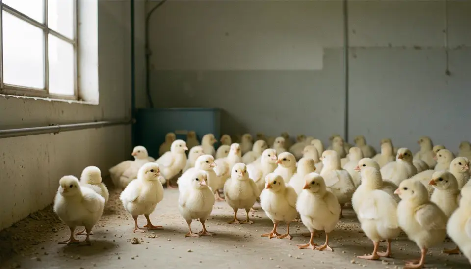 Poussins dans un élevage avicole industriel