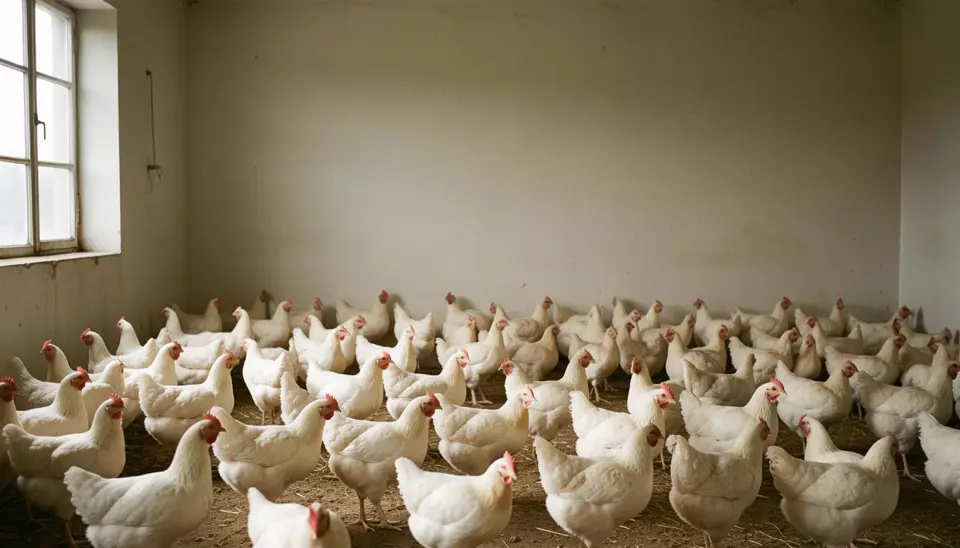 Trabalhadores exaustos em uma granja de frangos de corte no Brasil