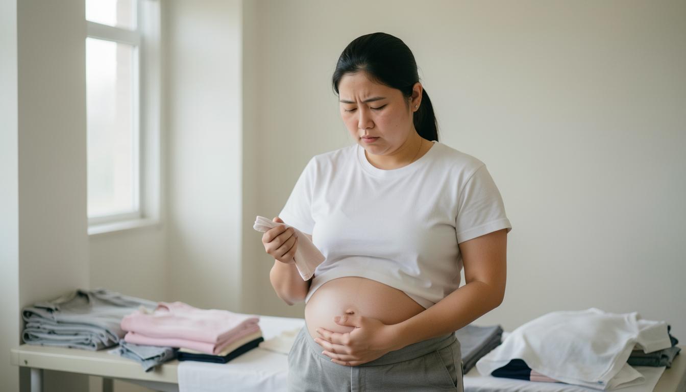 임신 중aternity Wear에서 일하는 노동자의 피로한 표정
