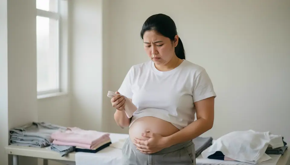 임신 중aternity Wear에서 일하는 노동자의 피로한 표정