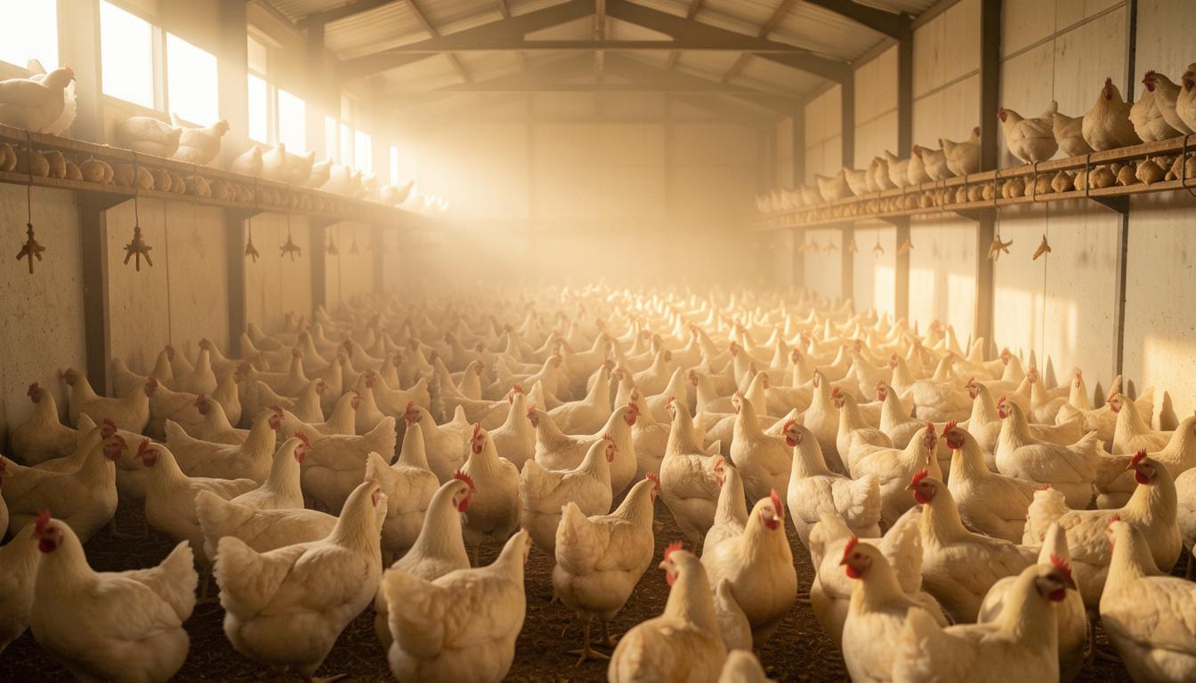 Overcrowded broiler chicken coop, highlighting stocking density