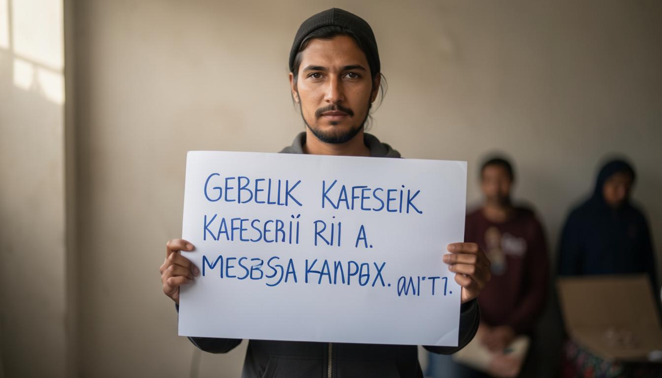 Bir aktivist elinde gebelik kafesleri kampanya mesajlaşma seti pankartı taşıyor, arka planda domuz çiftliği ve gün batımı