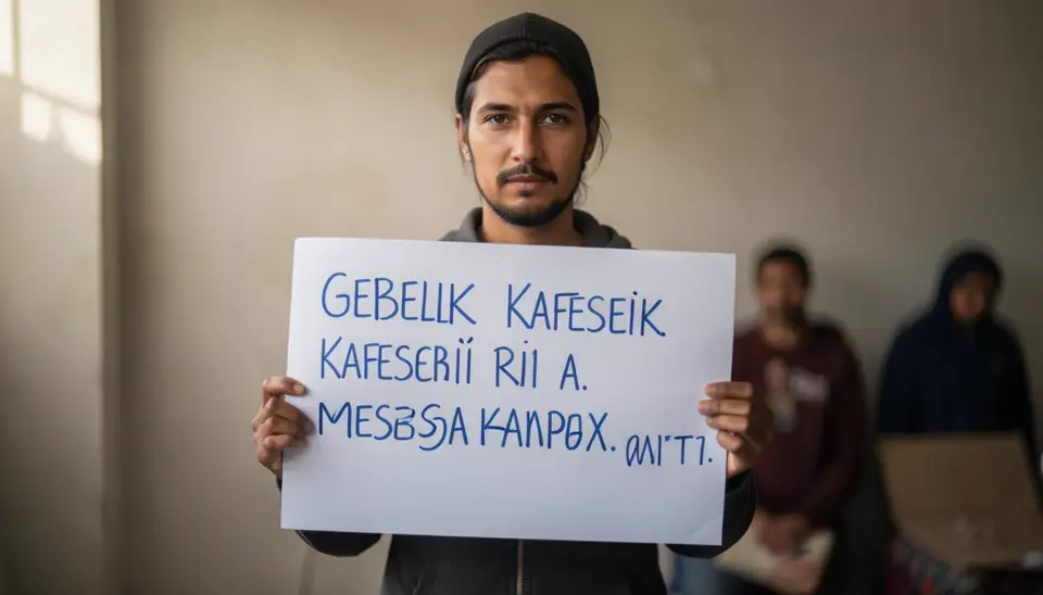 Bir aktivist elinde gebelik kafesleri kampanya mesajlaşma seti pankartı taşıyor, arka planda domuz çiftliği ve gün batımı