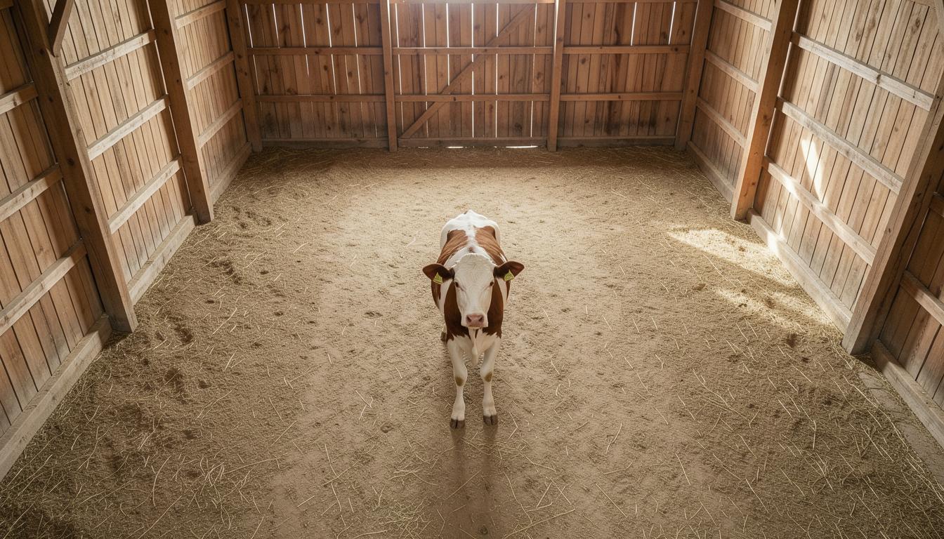 A lone calf in a spacious but empty barn, illustrating the reality of calf separation