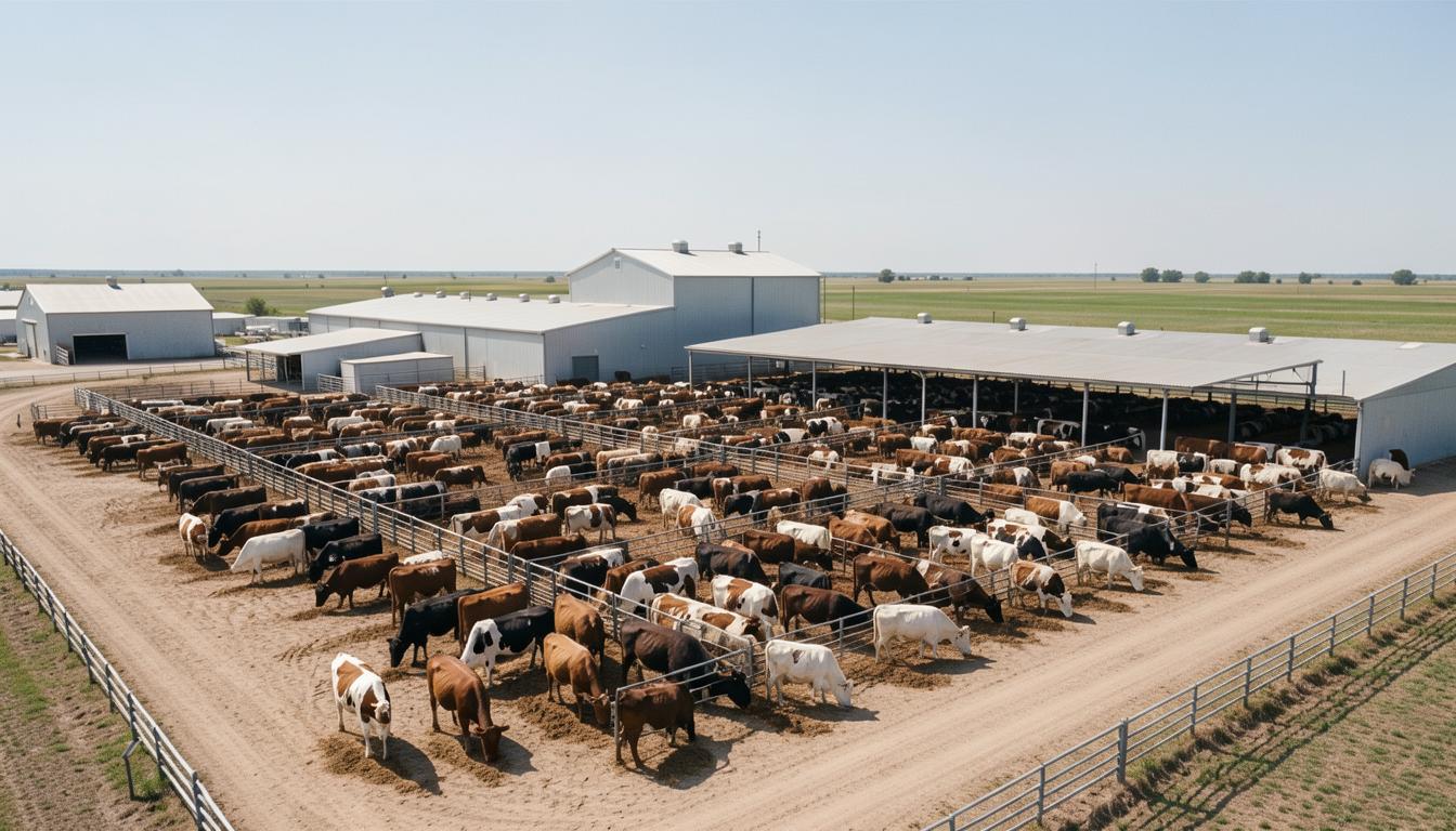 Cattle Feedlots erklärt: Luftaufnahme eines industriellen Rindermastbetriebs in Nebraska mit dicht gedrängten Tieren und Schlachthof im Hintergrund