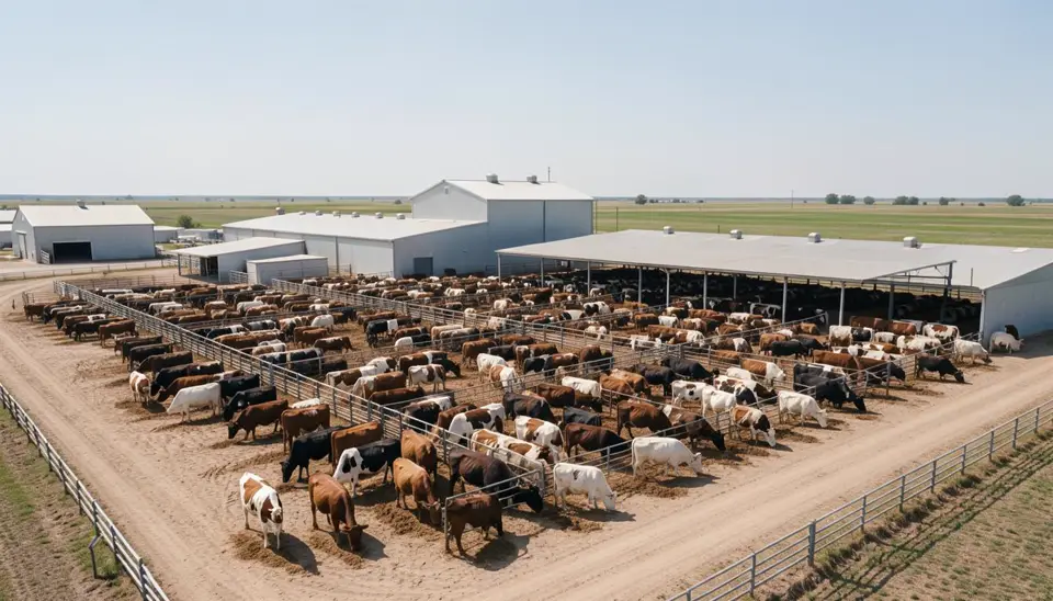 Cattle Feedlots erklärt: Luftaufnahme eines industriellen Rindermastbetriebs in Nebraska mit dicht gedrängten Tieren und Schlachthof im Hintergrund