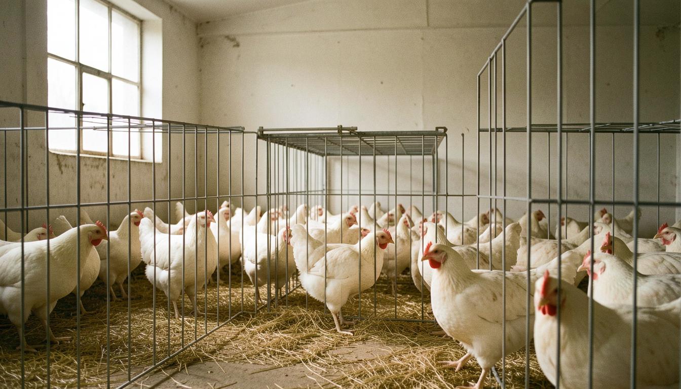 Poules pondeuses en cage dans un élevage industriel, illustration de la cruauté cachée derrière le cholestérol des œufs.