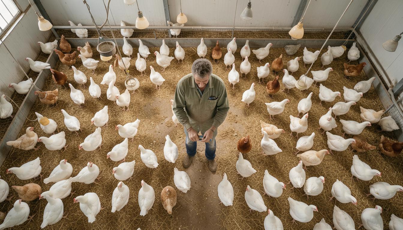 Agriculteur sous contrat travaillant dans une ferme avicole industrielle