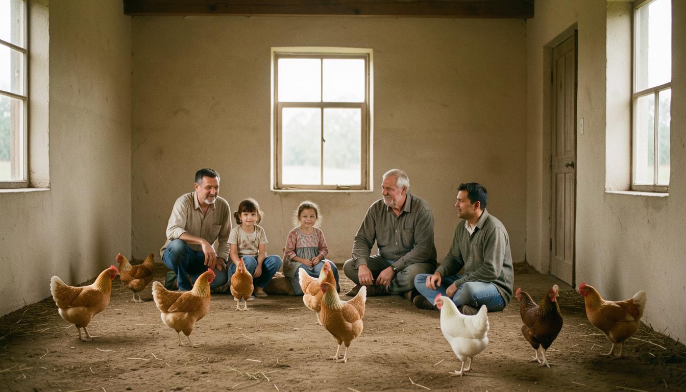 Família na fazenda com galinhas em espaço aberto