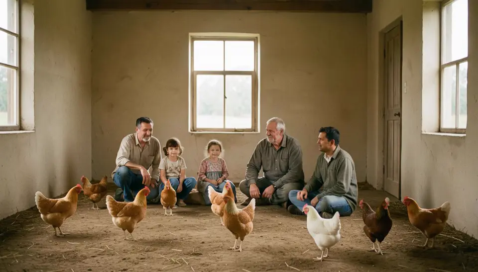 Família na fazenda com galinhas em espaço aberto