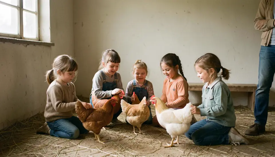 Crianças aprendendo sobre galinhas em uma fazenda