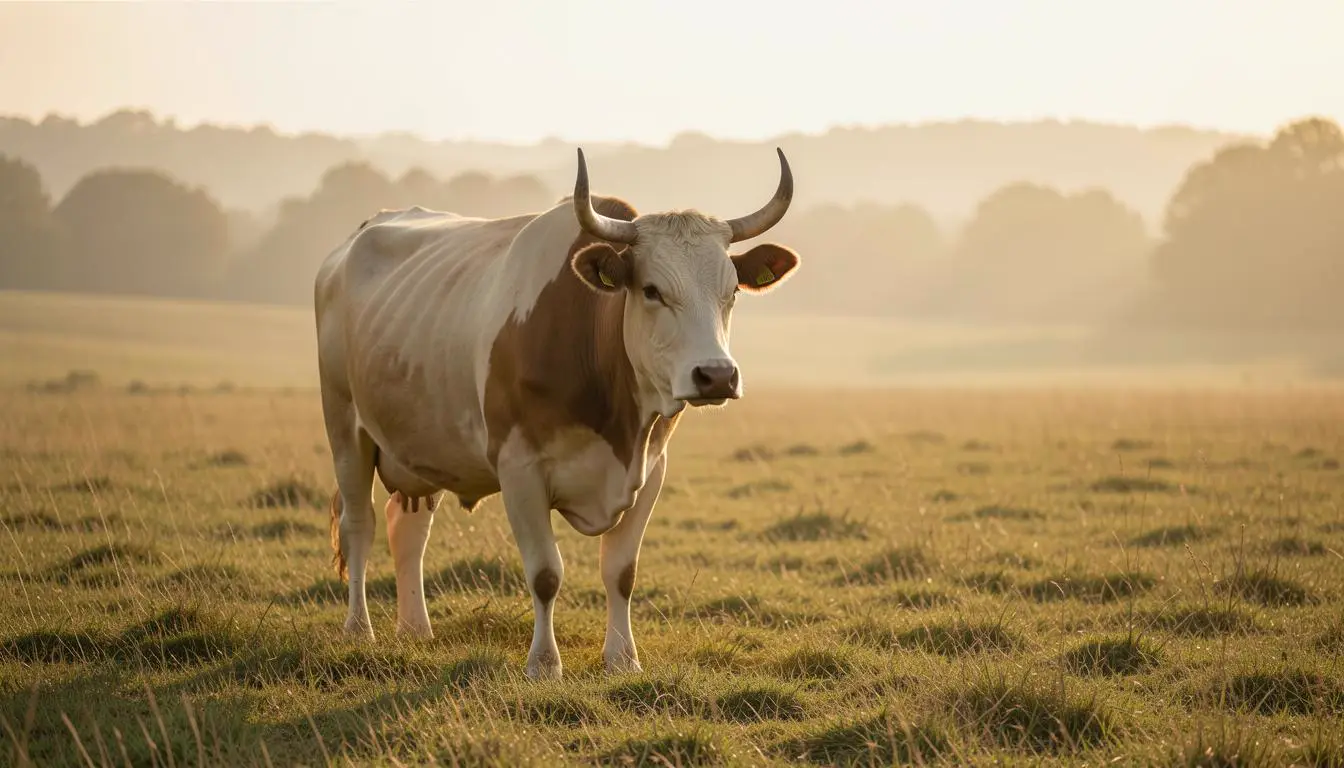Calm cow in pasture, horns intact