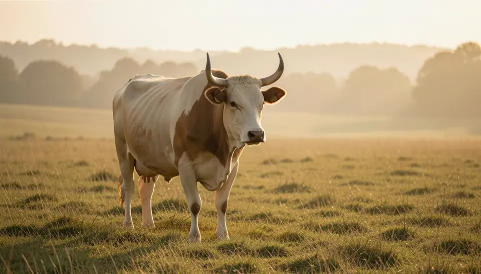 Calm cow in pasture, horns intact