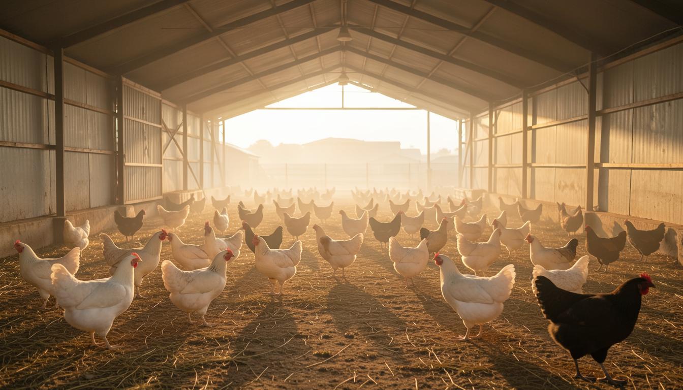 Poules en liberté dans une ferme avicole en Asie du Sud-Est