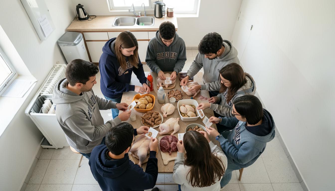 Estudiantes universitarios revisando etiquetas de pollo en cocina compartida, concepto de densidad de pollos de engorde