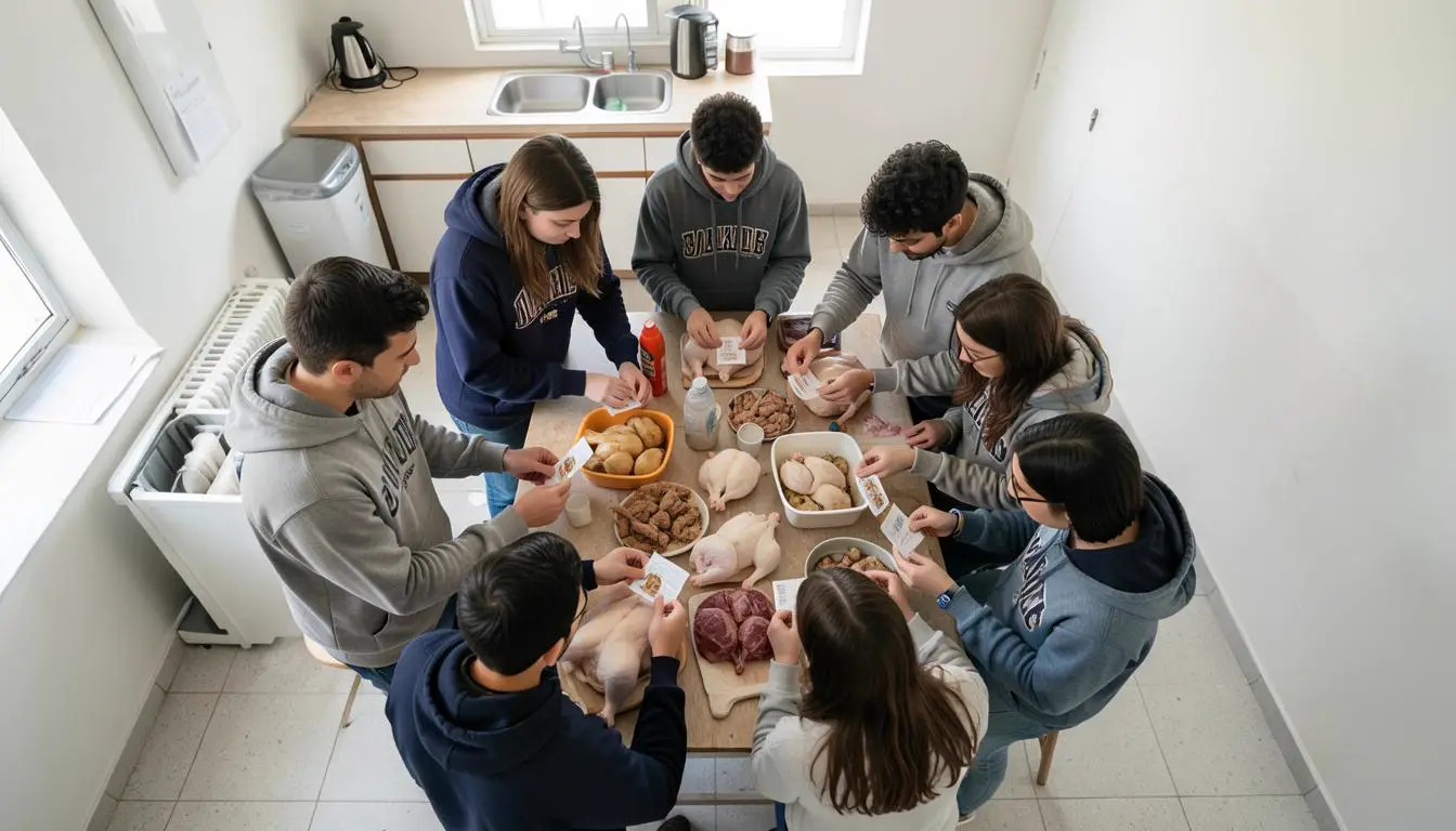 Estudiantes universitarios revisando etiquetas de pollo en cocina compartida, concepto de densidad de pollos de engorde