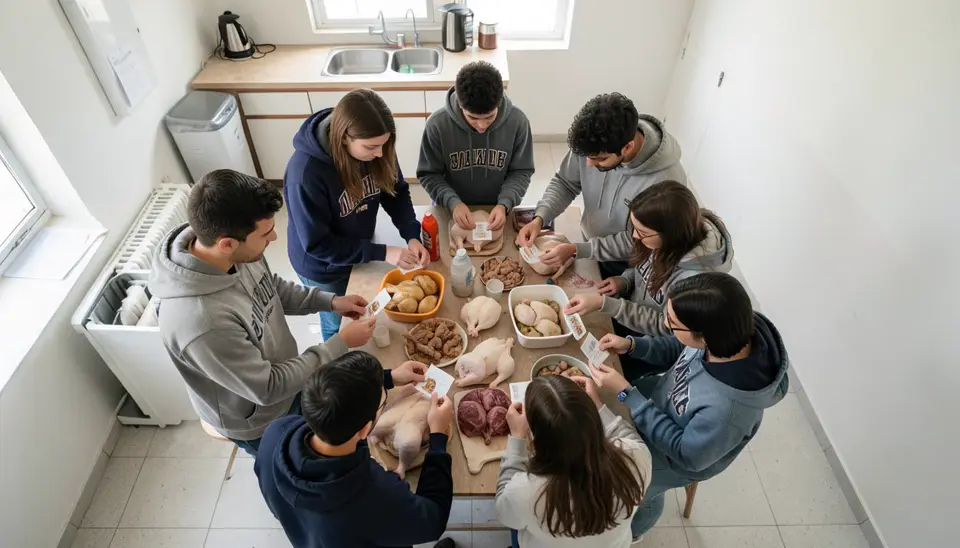 Estudiantes universitarios revisando etiquetas de pollo en cocina compartida, concepto de densidad de pollos de engorde