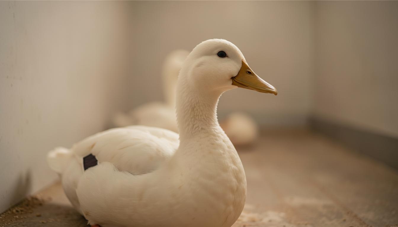 Distressed duck in a foie gras factory farm due to force-feeding.