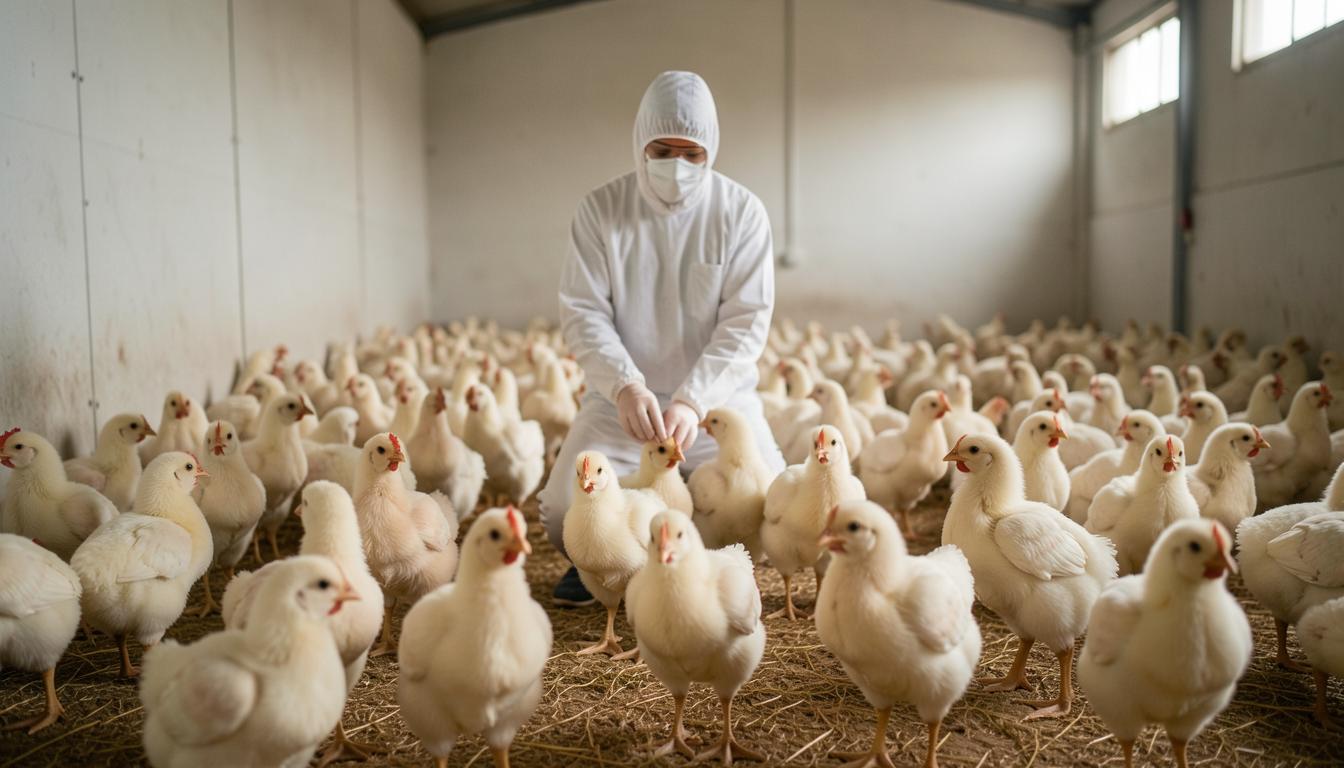 جوجه‌های گوشتی در مزرعه صنعتی، ماسک بندی