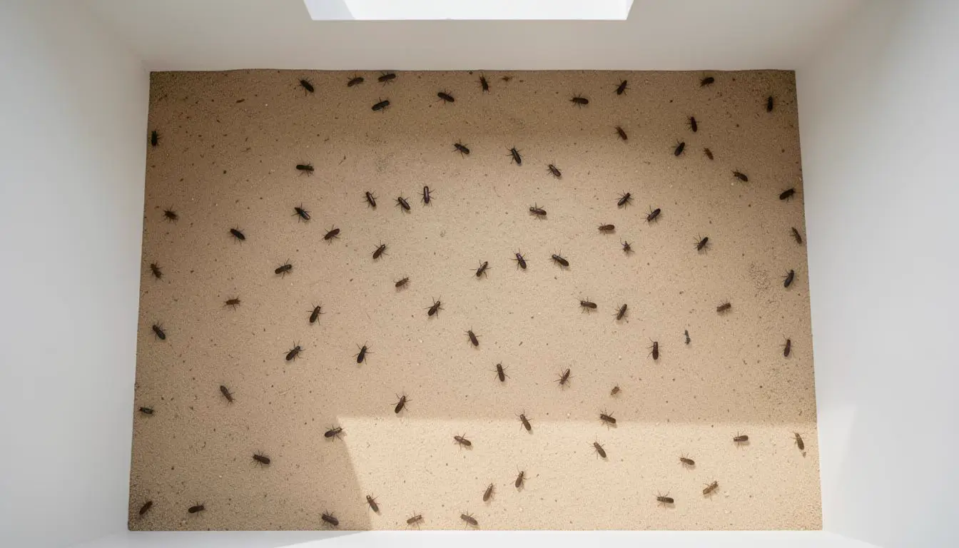 Granja de grillos con condiciones óptimas de bienestar, mostrando espacio, vegetación y refugios para los insectos.