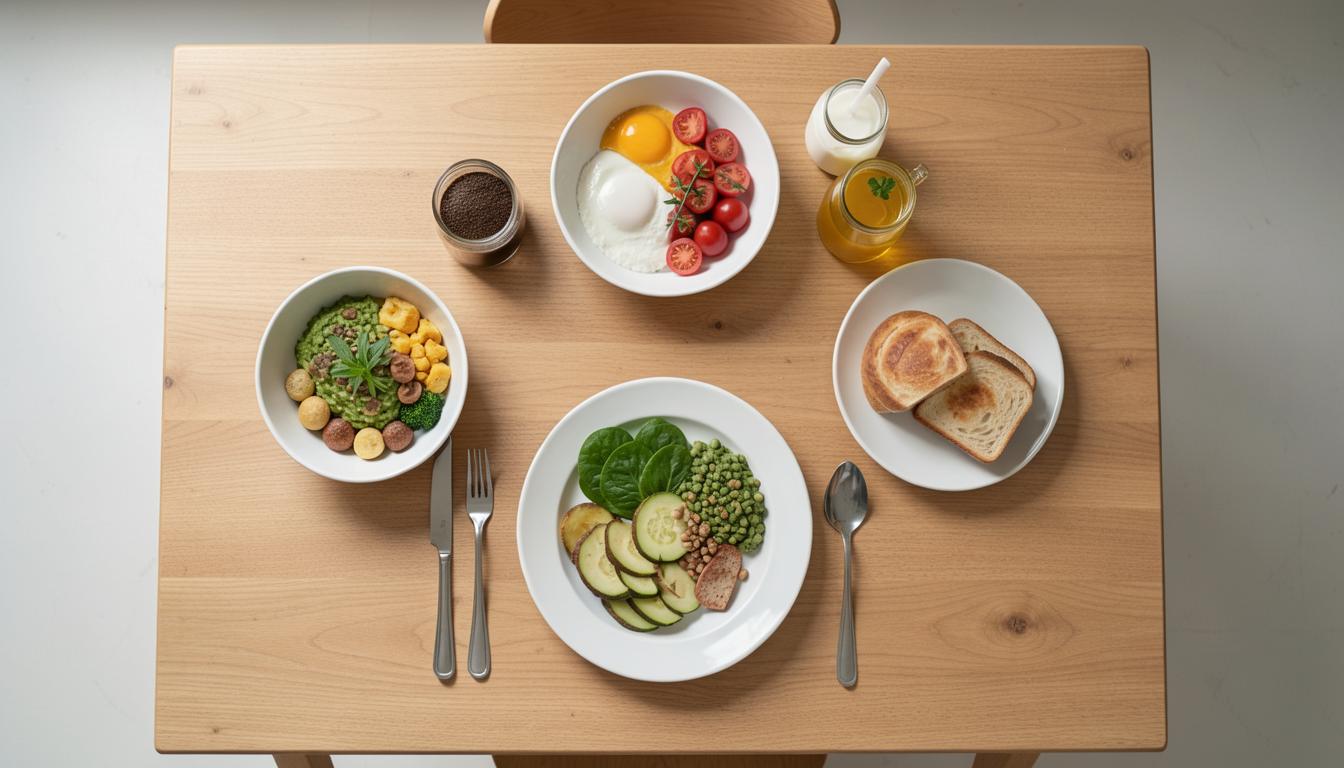 Colazione vegana e tradizionale su un tavolo insieme