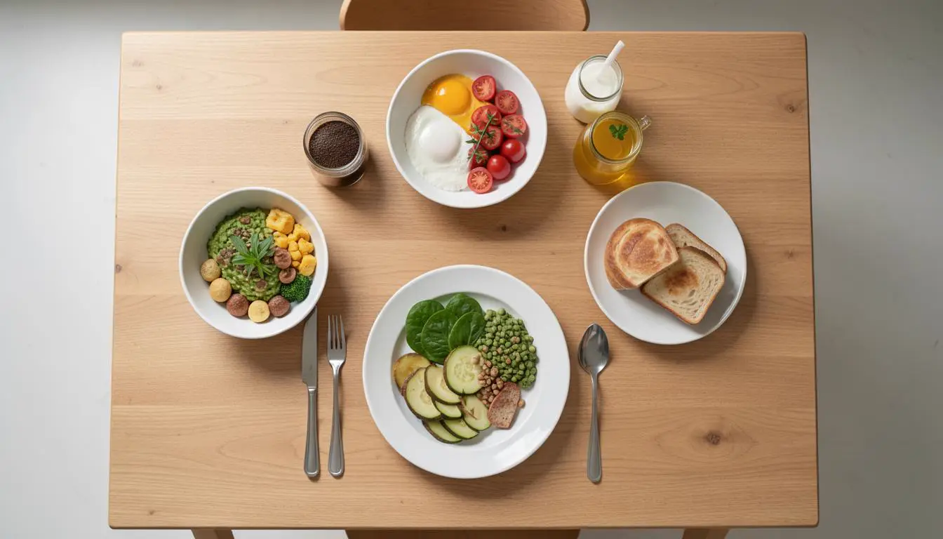 Colazione vegana e tradizionale su un tavolo insieme