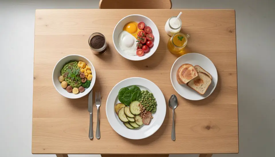Colazione vegana e tradizionale su un tavolo insieme