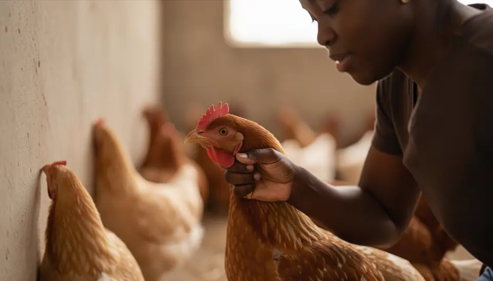 Mfanyakazi akichukua sampuli kutoka kwa kuku kwenye mabanda ya kuku ya betri, uchunguzi wa magonjwa ya zoonotiki