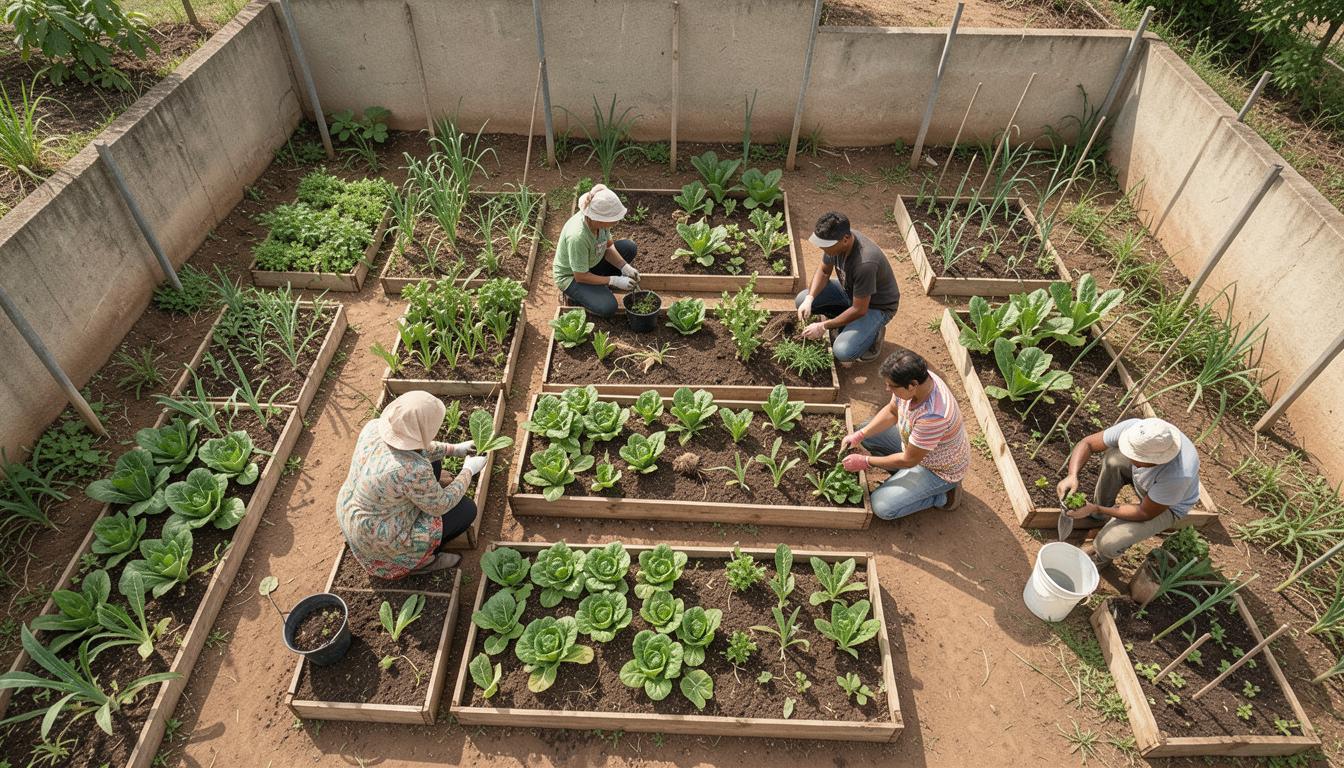 Comunidade de Várzea Alegre colhendo hortaliças em horta comunitária, seguindo recomendações do IPCC sobre dietas e clima para reduzir emissões.