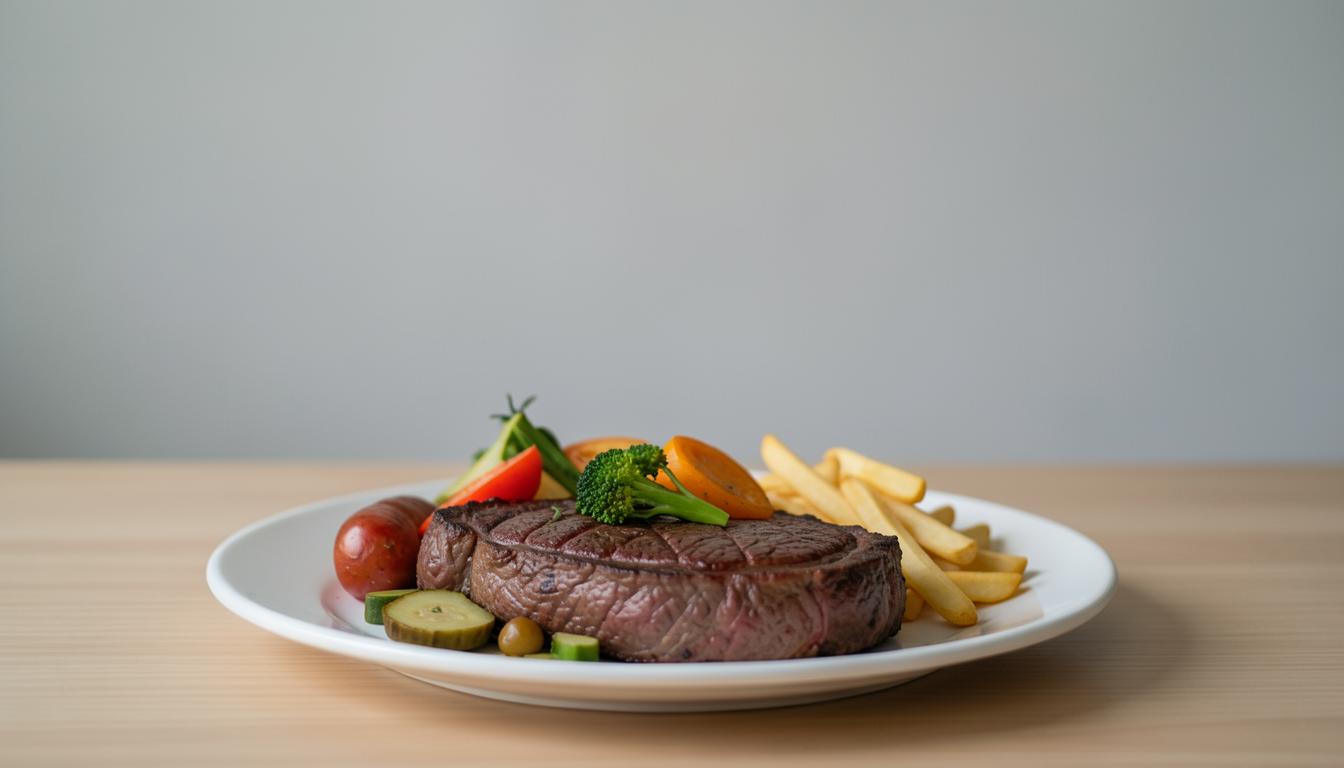 Steak de cheval avec des légumes et des frites