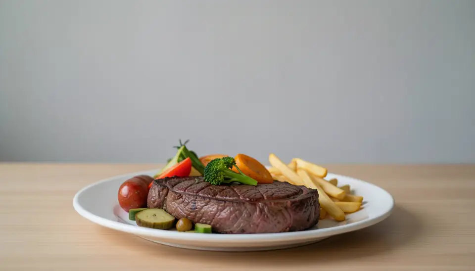 Steak de cheval avec des légumes et des frites