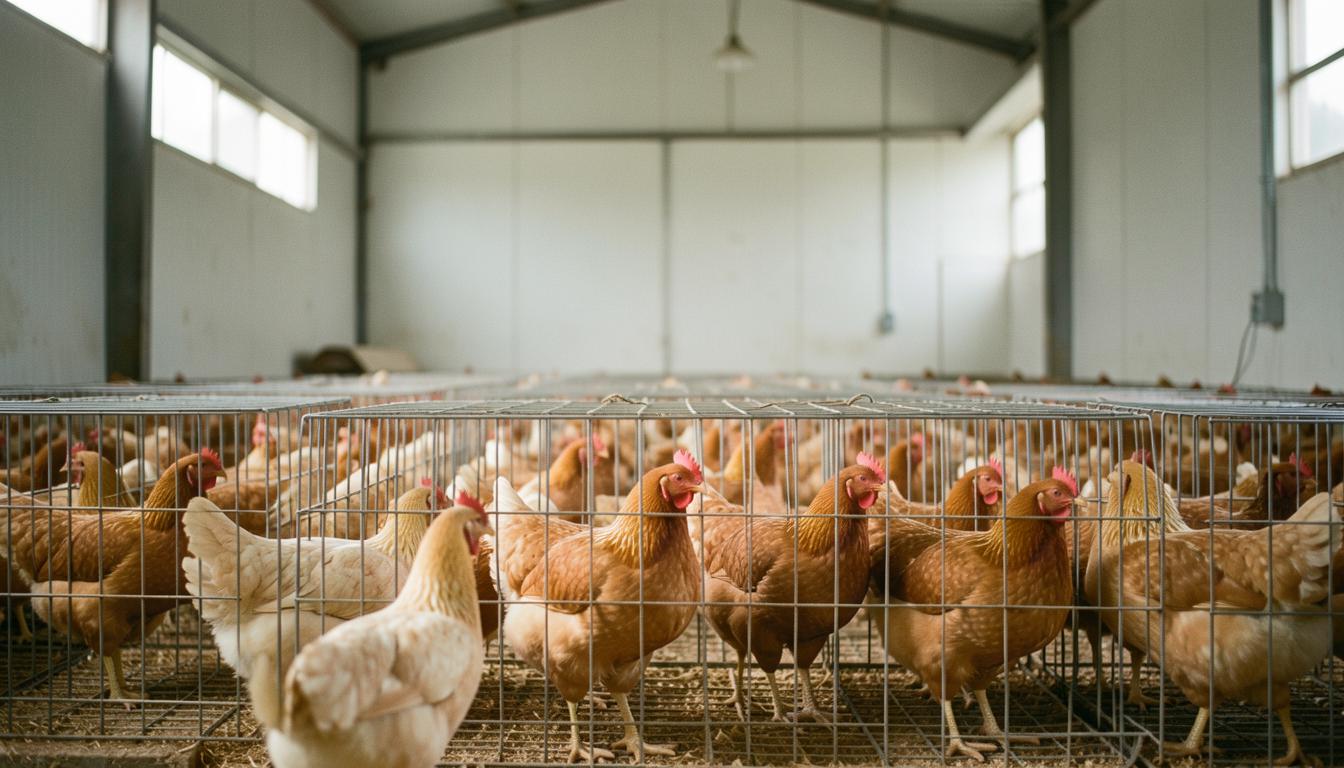 Galinhas em gaiolas em uma granja industrial de frangos