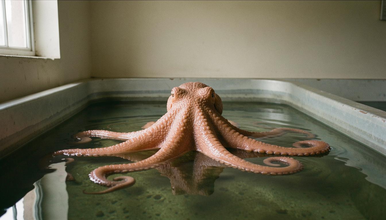 Octopode dans un bassin d'élevage, avec des tentacules qui s'étendent et se rétractent.
