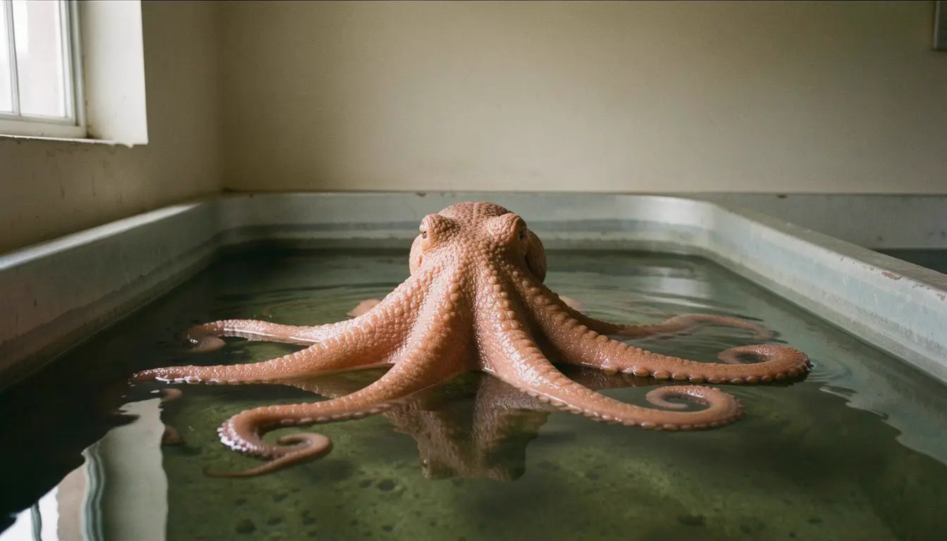 Octopode dans un bassin d'élevage, avec des tentacules qui s'étendent et se rétractent.