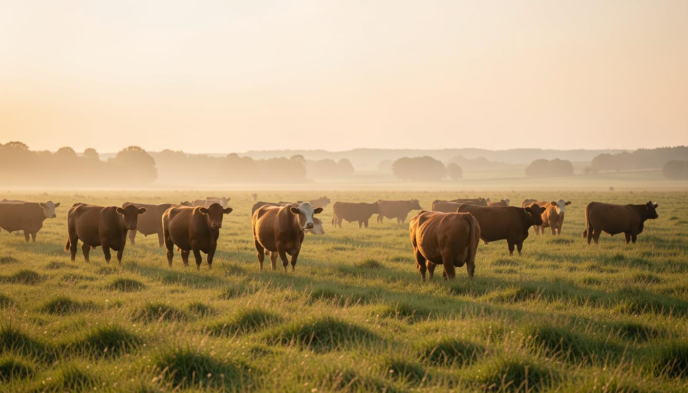 Regenerative beef cattle grazing in a healthy pasture