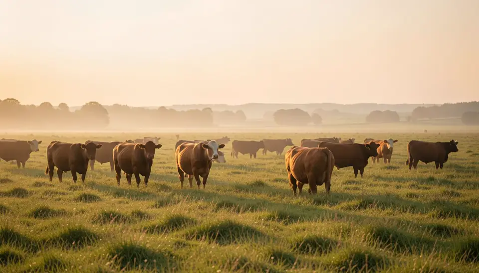Regenerative beef cattle grazing in a healthy pasture