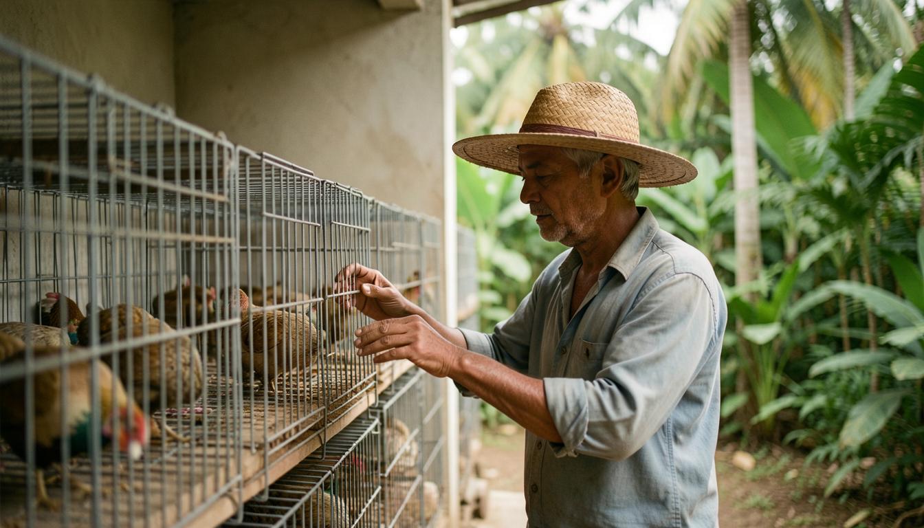 Farmer inspecting battery cage in tropical climate