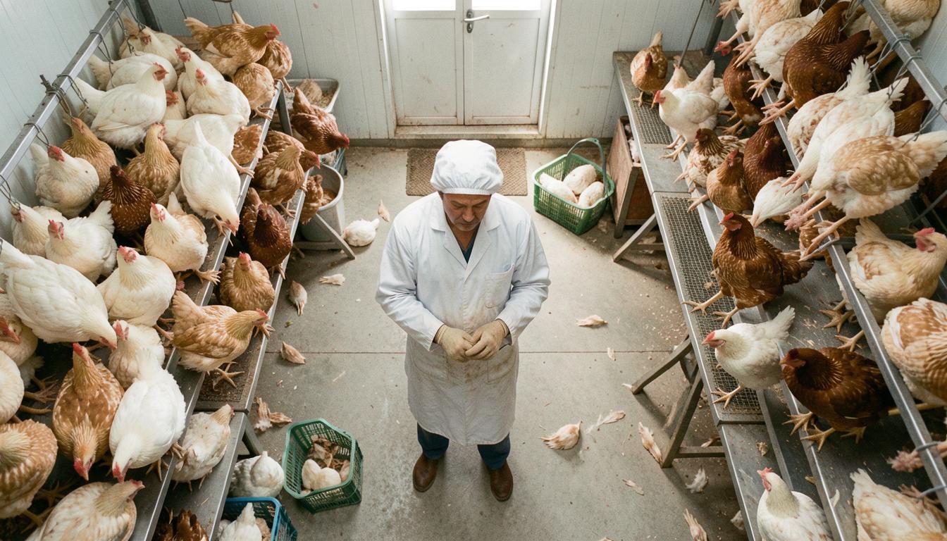 Slaughterhouse worker conditions in a poultry plant showing a worker in protective gear on a bloodstained processing line, highlighting labor and racial justice issues.