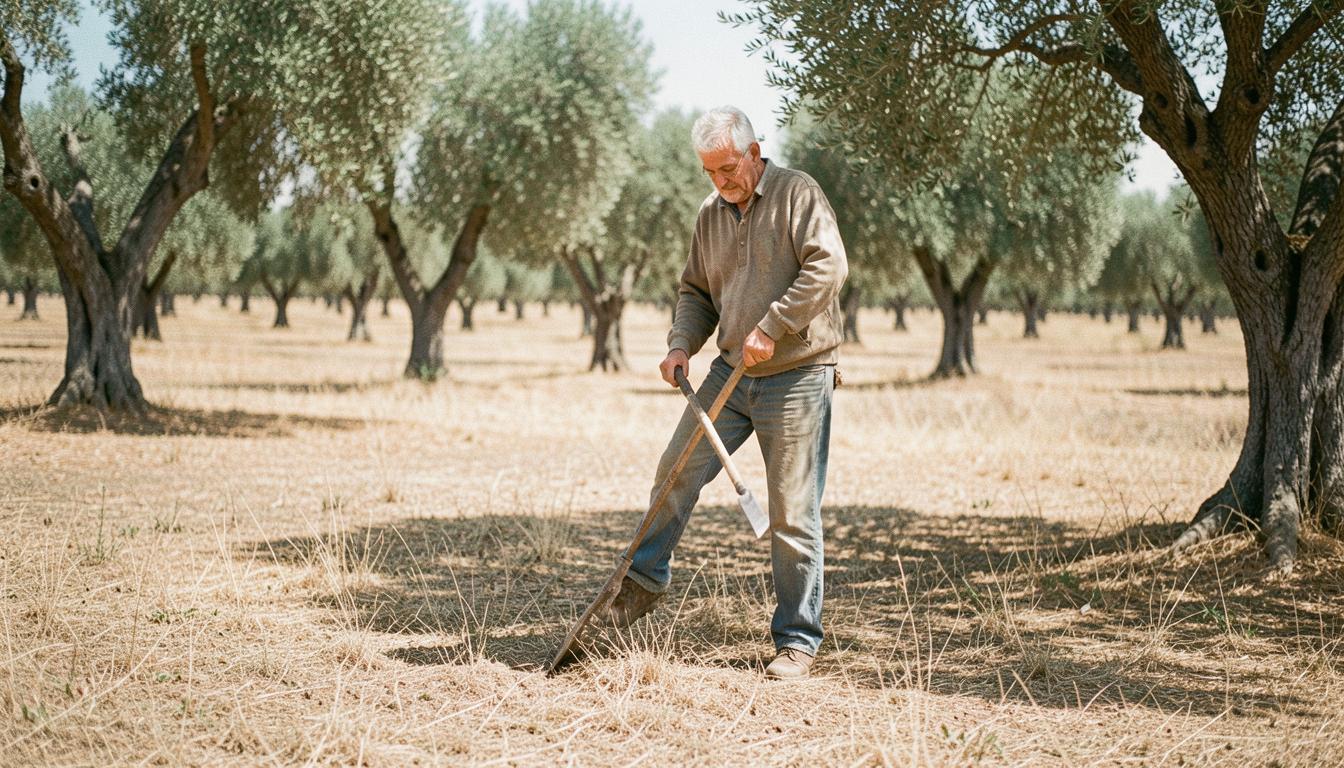 Tosaerba manuale a lame su prato secco mediterraneo con ulivi, confronto elettrico vs manuale per giardinaggio sostenibile