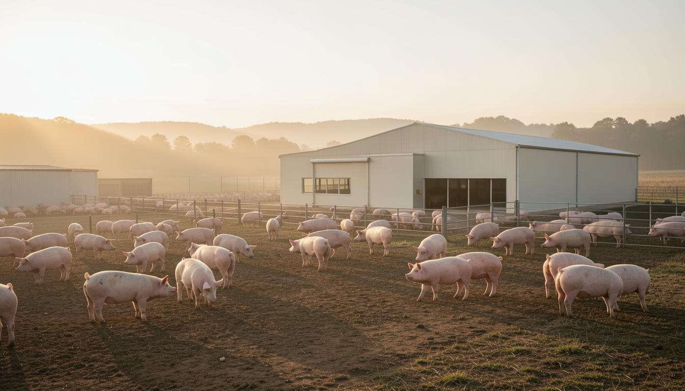 Granjas de porcos com instalações modernas e éticas, simbolizando o futuro da indústria de processamento de carne