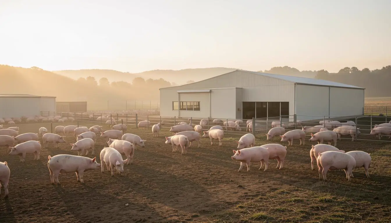 Granjas de porcos com instalações modernas e éticas, simbolizando o futuro da indústria de processamento de carne