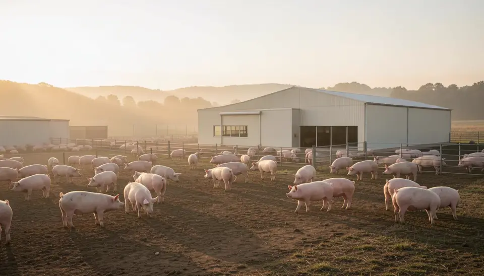 Granjas de porcos com instalações modernas e éticas, simbolizando o futuro da indústria de processamento de carne