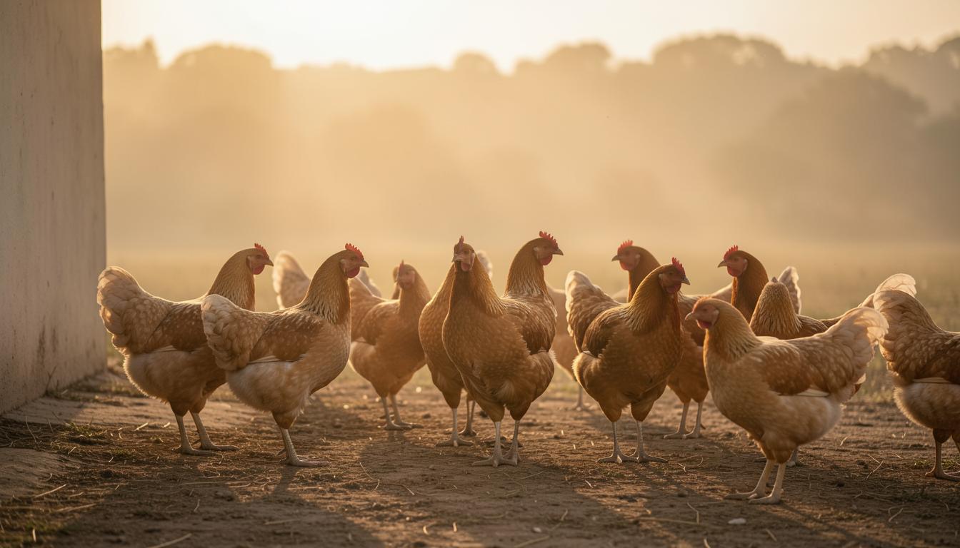 A group of spent hens with dull feathers and weary eyes in a muddy barn, illustrating the reality behind industry marketing claims about their fate.