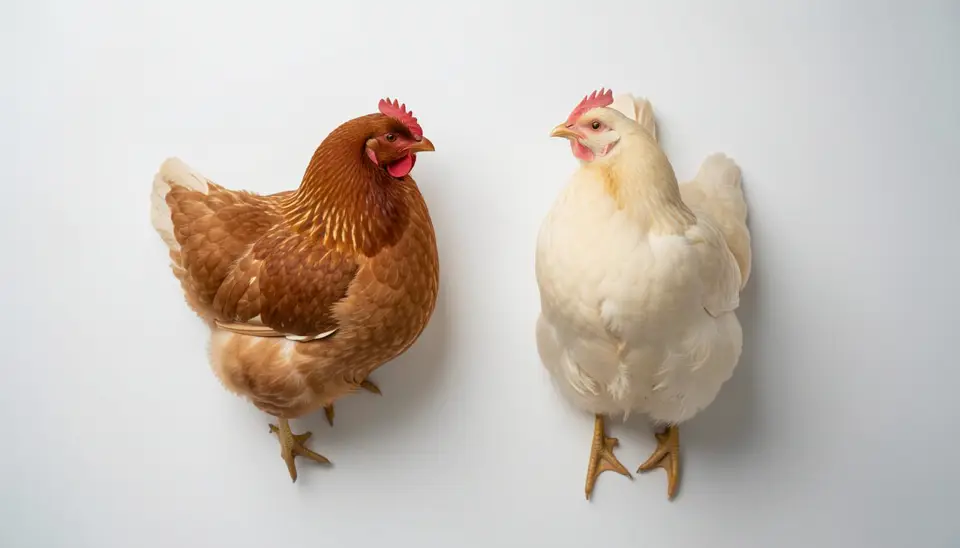 Comparison of industry marketing image of happy hens vs real spent hen at slaughterhouse, highlighting the gap between promotion and science.