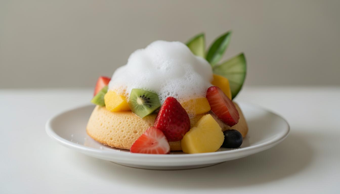 Soufflé de aquafaba con frutas tropicales y espuma de coco